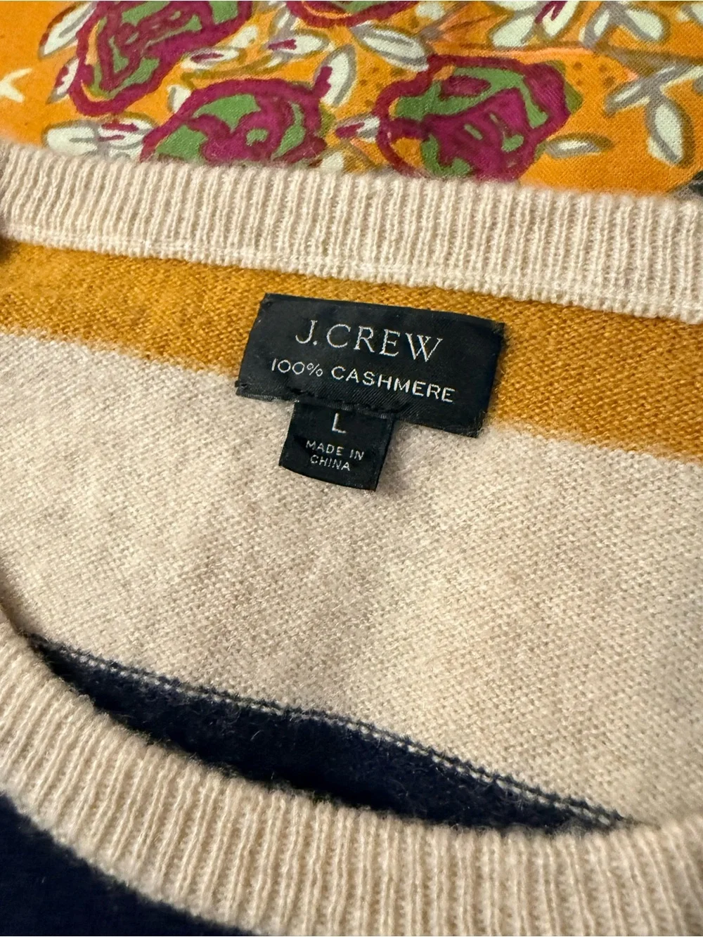 J.Crew 100% Cashmere Striped Crewneck Sweater Men’s Large Blue Brown Cream